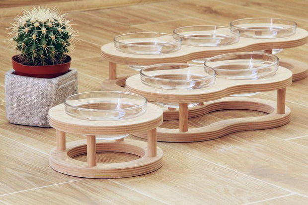 Wooden Rack Glass Bowl Feeder