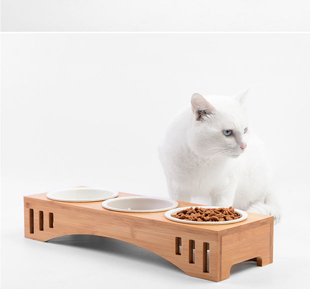 Bamboo Ceramic 3 Bowl Feeder